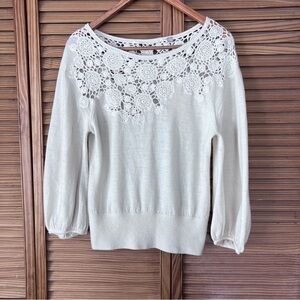 Anthropologie Knitted&Knotted Ivory Crochet Yoke Sweater Women’s Size Medium